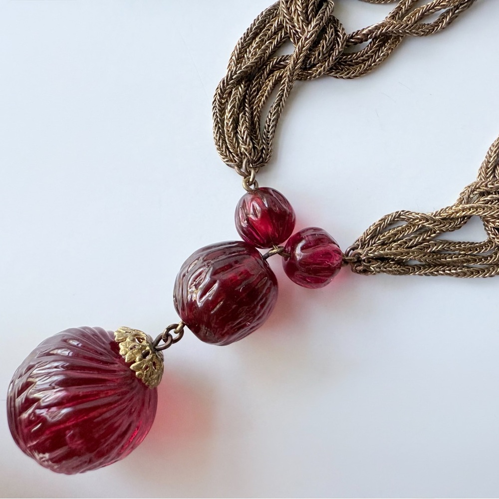 Vintage Louis Rousselet French Couture Red Glass Melon Bead Drop Chain Necklace - Picture 4 of 16